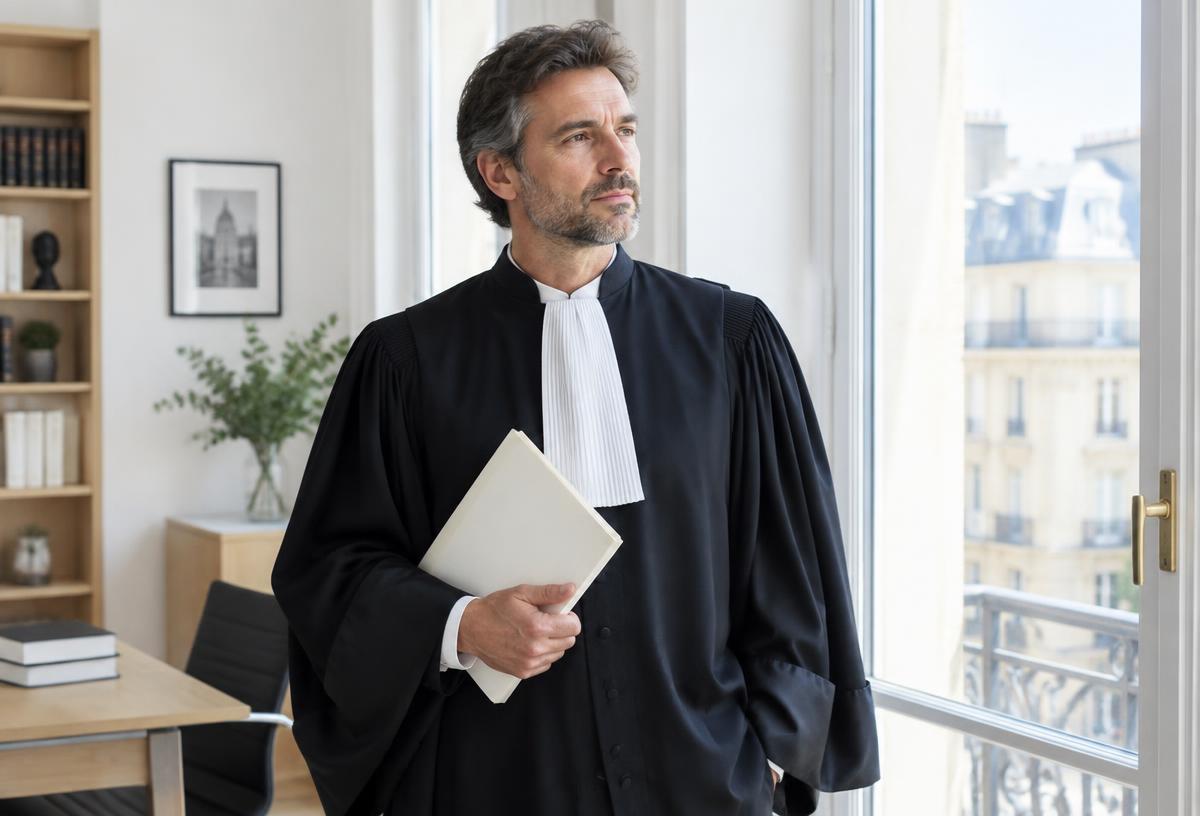 Avocat en robe tenant un dossier dans un bureau lumineux