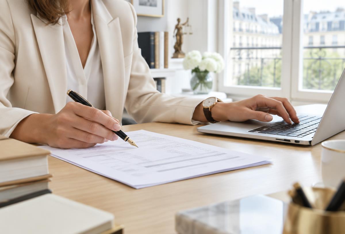 Avocate vérifiant une facture avec stylo plume et ordinateur portable