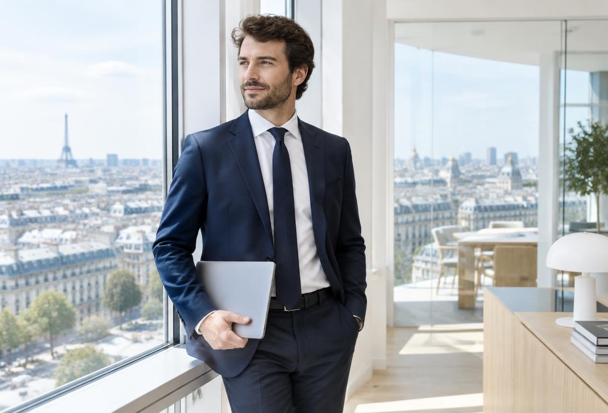 Avocat avec ordinateur portable face à la skyline de Paris