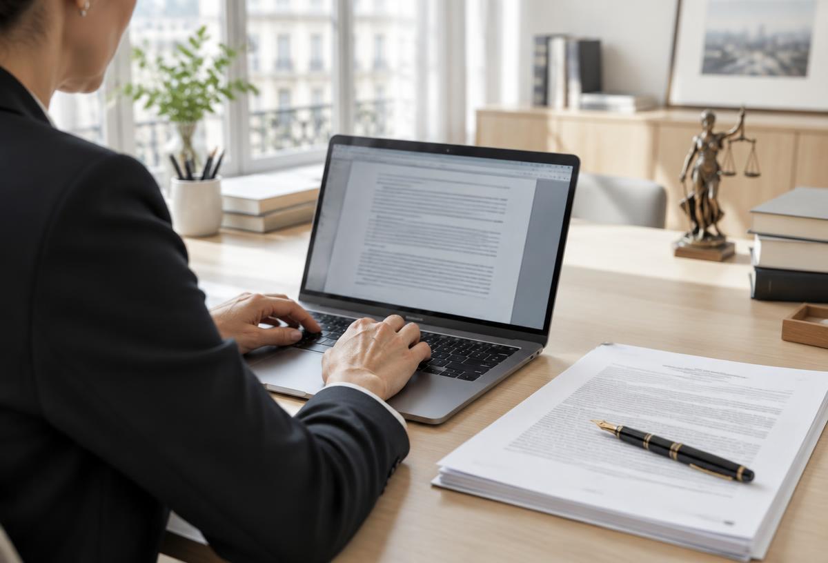 Mains d'avocate rédigeant des conclusions sur ordinateur portable