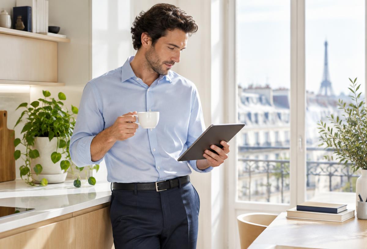 Avocat lisant sa veille juridique sur tablette le matin