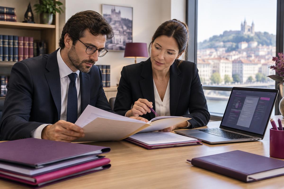 Équipe notariale travaillant sur des dossiers dans un office