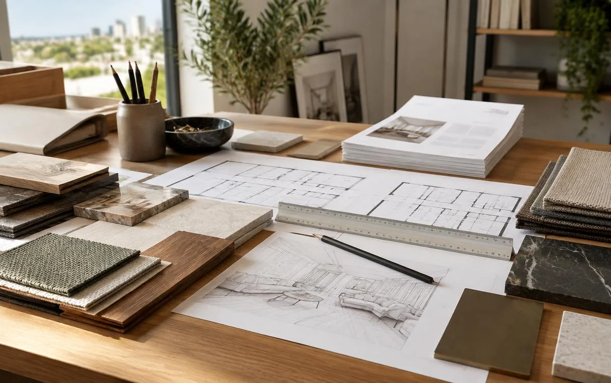 Bureau d'architecte d'intérieur avec plans et échantillons de matériaux