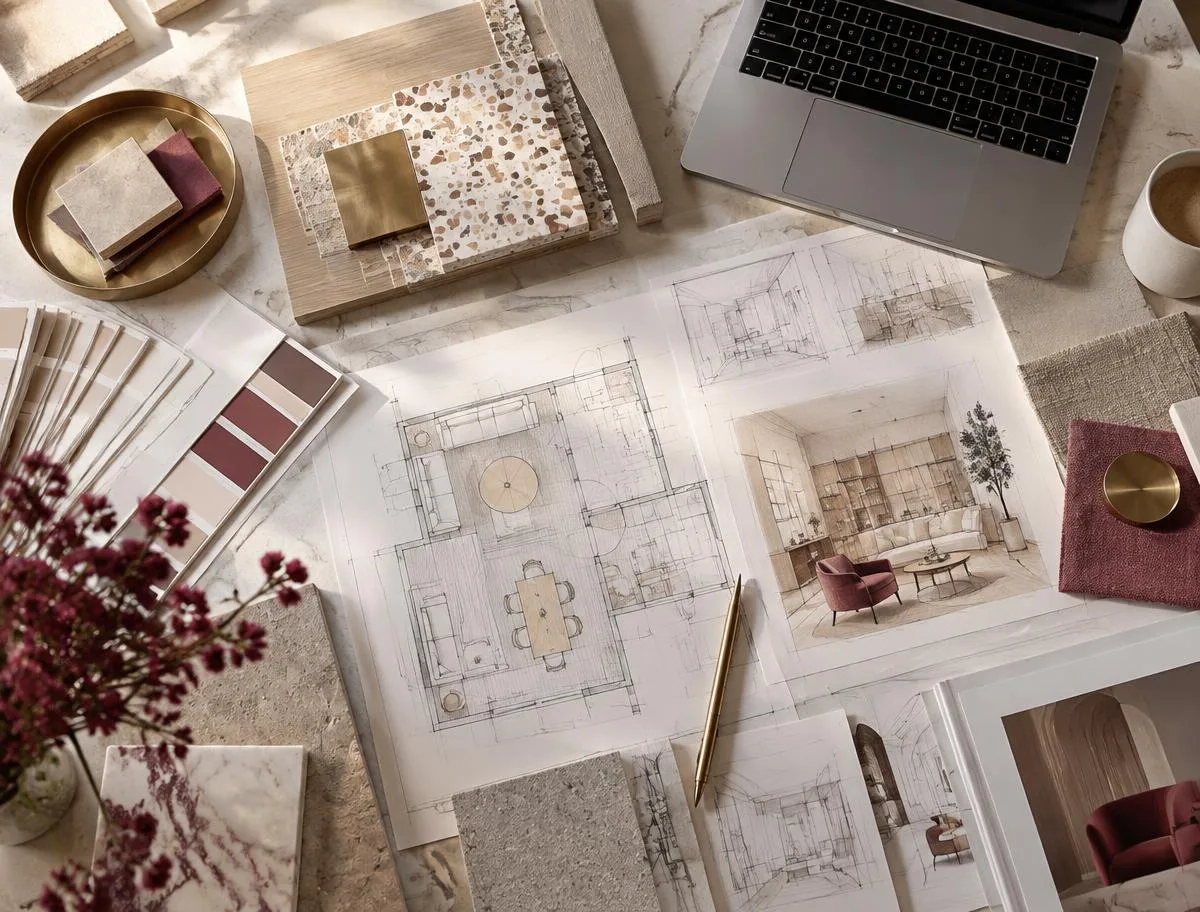 Bureau d'architecte d'intérieur avec plans, nuancier et échantillons de matériaux