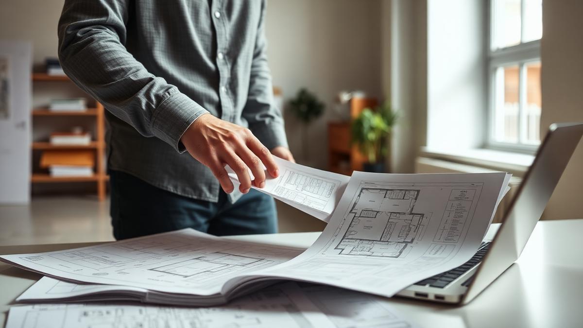 Architecte manipulant des plans clients à côté d'un ordinateur portable