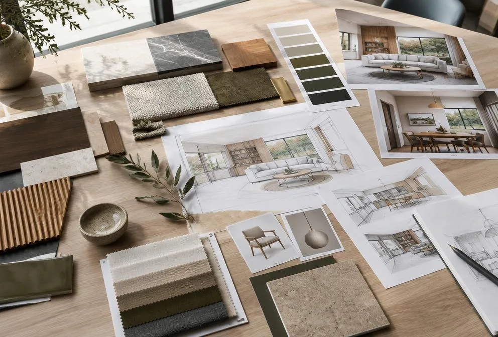 Planche de tendance avec matériaux et références pour un projet d'architecture intérieure