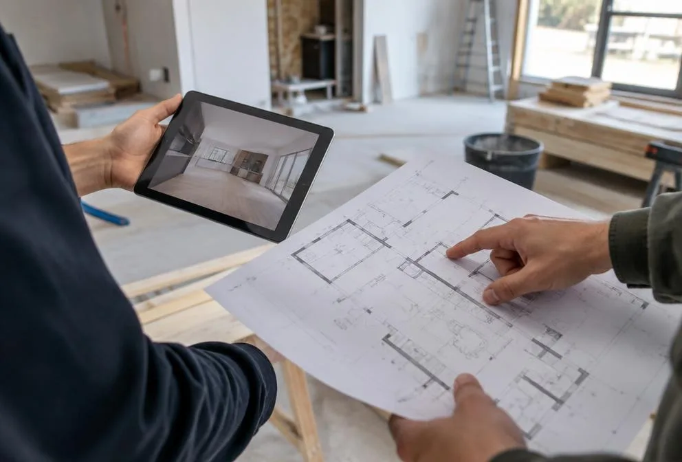 Mains consultant un plan et une tablette pendant une visite de chantier