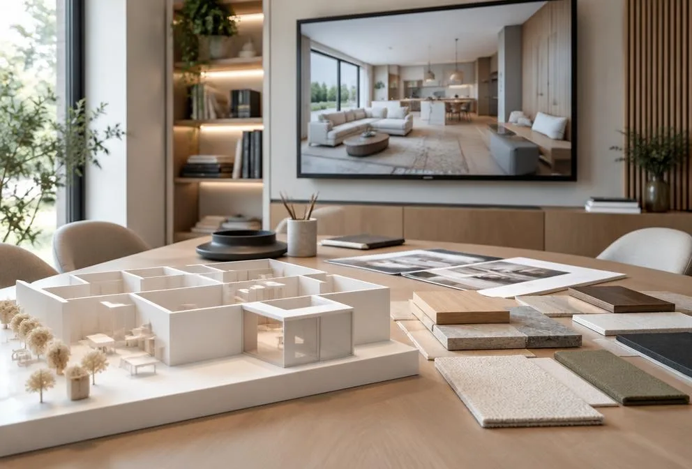 Présentation d'un projet intérieur avec une perspective et une maquette blanche